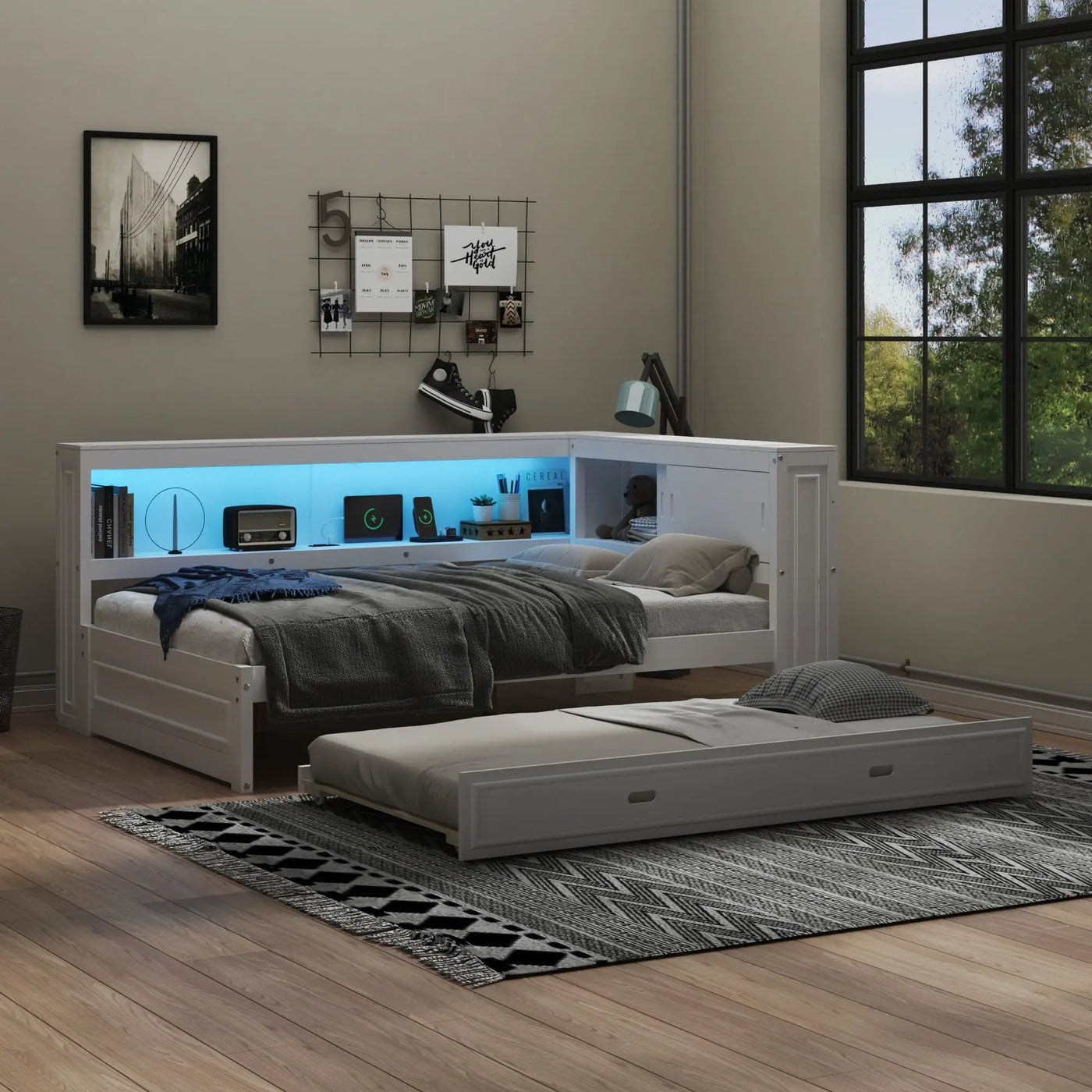Daybed With Storage Shelves, LED, USB, And Trundle by HouseOfZazla