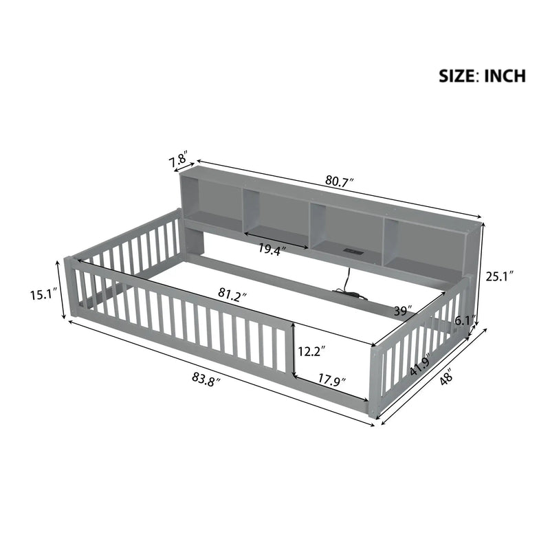 Twin Long Floor Bed With Storage Cabinets And USB Ports - Gray by Unique Piece Furniture