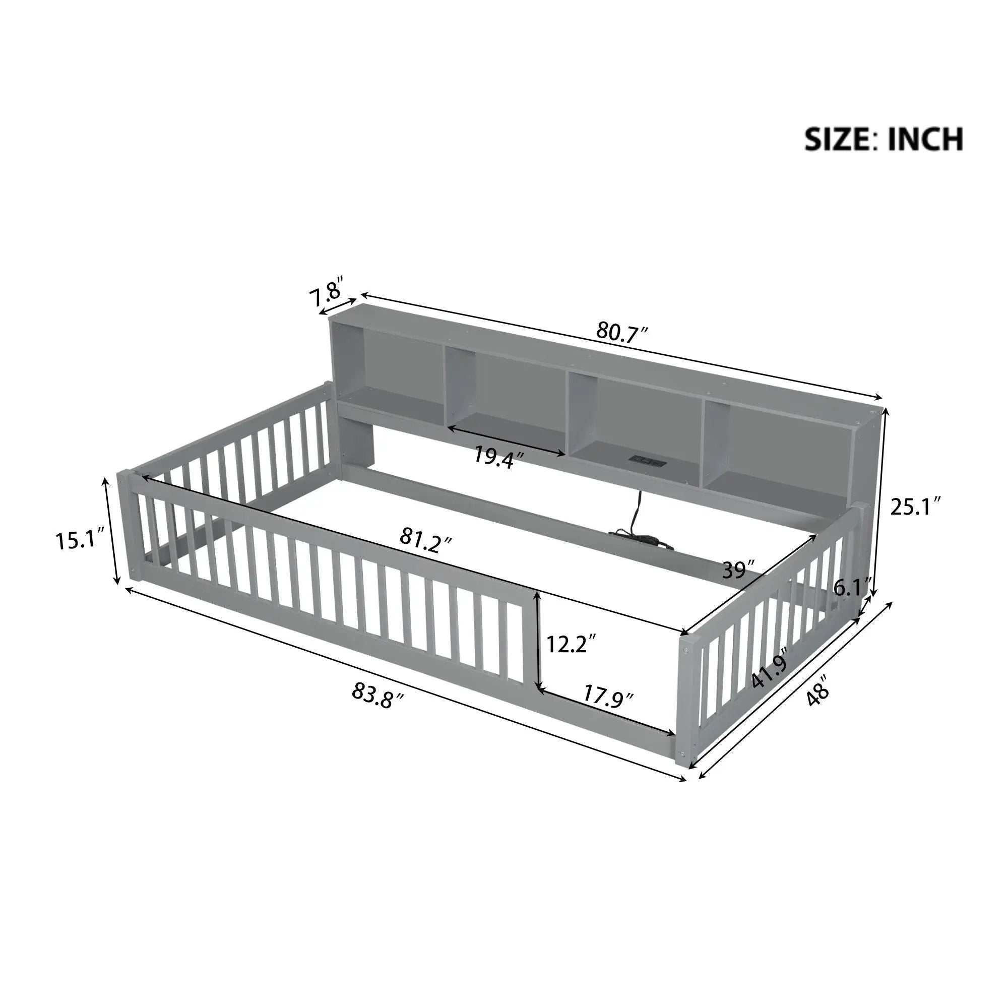 Twin Long Floor Bed With Storage Cabinets And USB Ports - Gray by HouseOfZazla