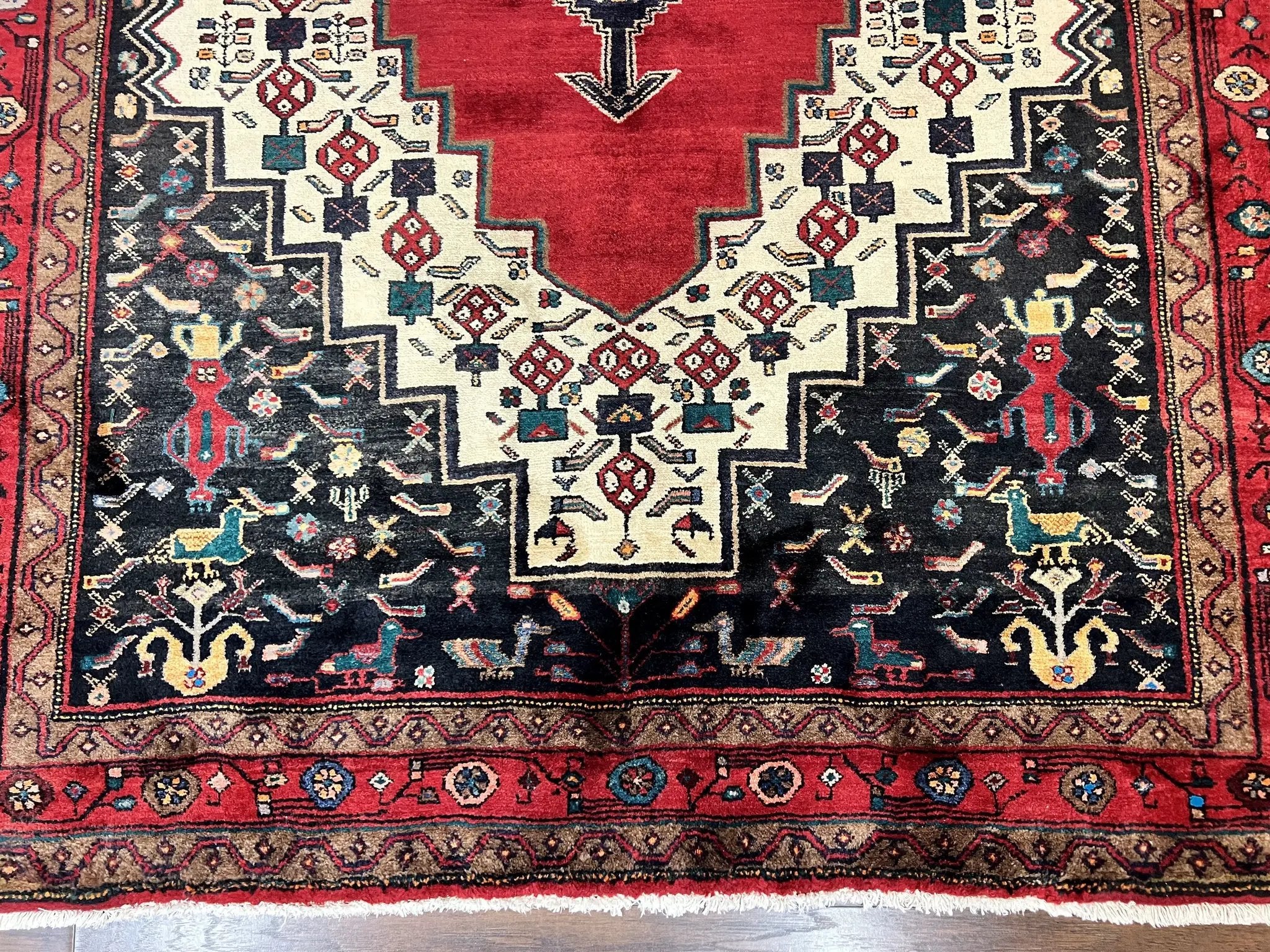 Persian Rug 5x12 ft, Red Cream Navy Blue, Pictorials, Hand Knotted Handmade Wide Runner Tribal Bidjar Semi Antique Wool Geometric Oriental Rug by Jewel Rugs
