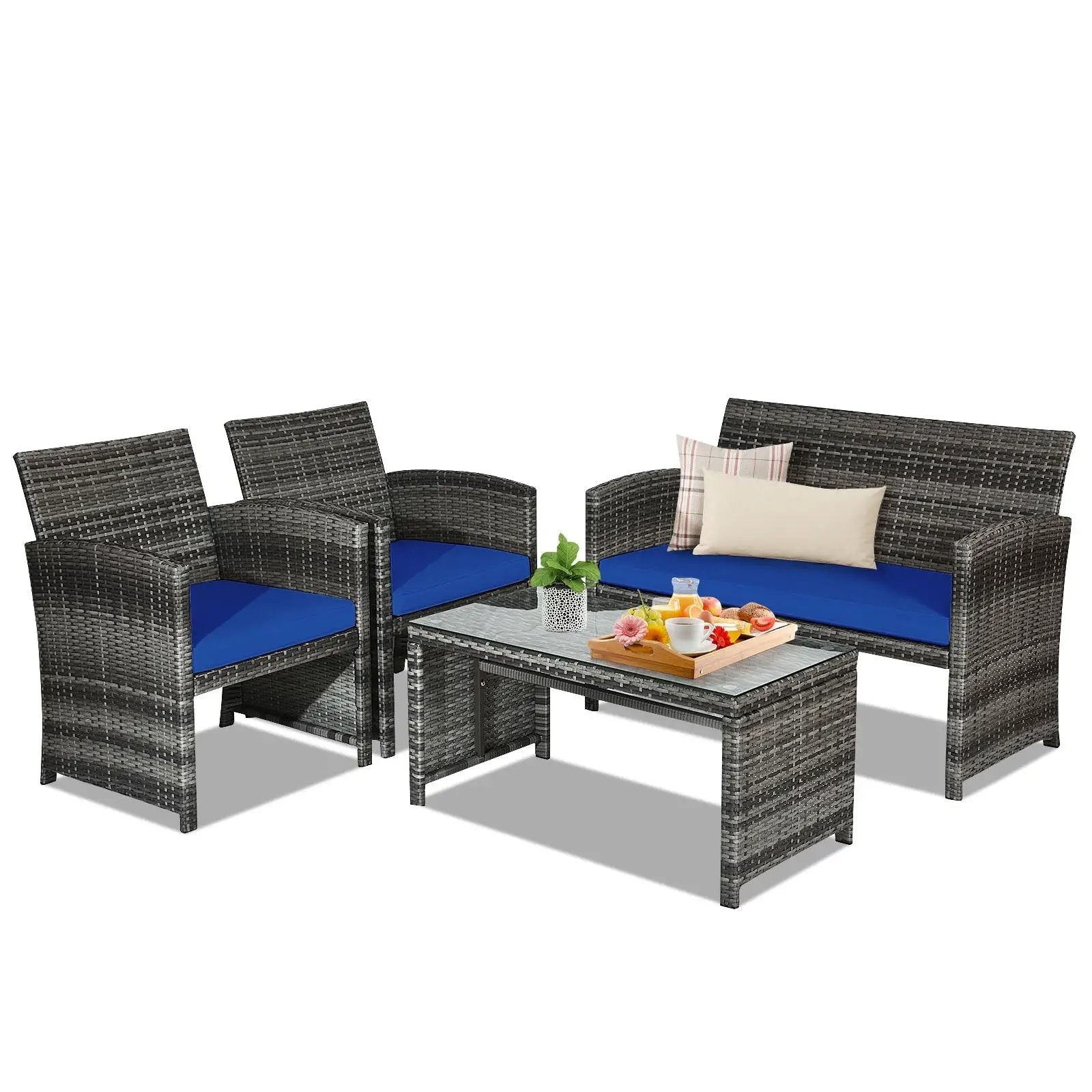 4 Pieces Patio Rattan Furniture Set with Glass Table and Loveseat-Gray by DirectDeals