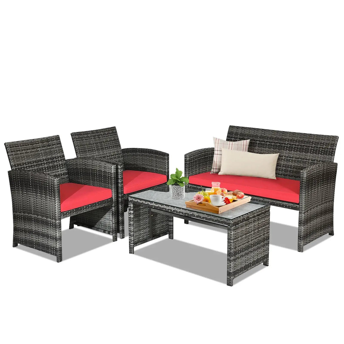 4 Pieces Patio Rattan Furniture Set with Glass Table and Loveseat-Gray by DirectDeals