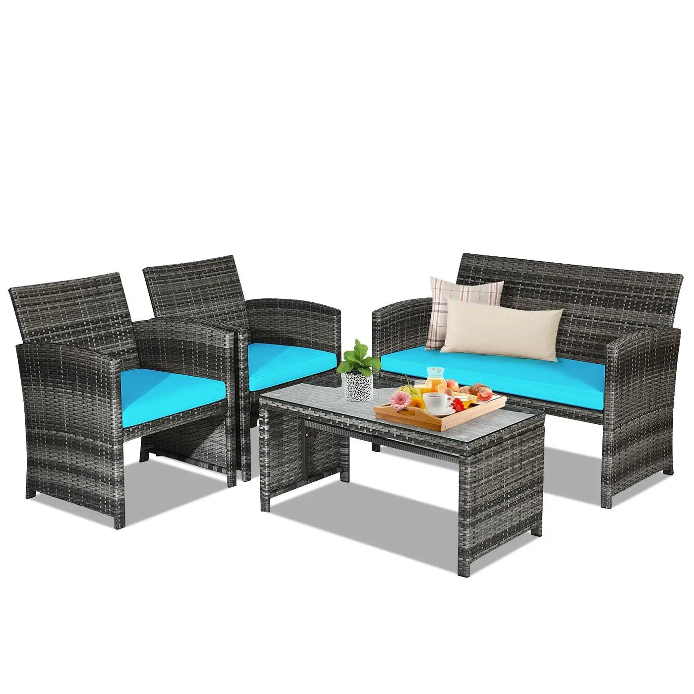 4 Pieces Patio Rattan Furniture Set with Glass Table and Loveseat-Gray by DirectDeals