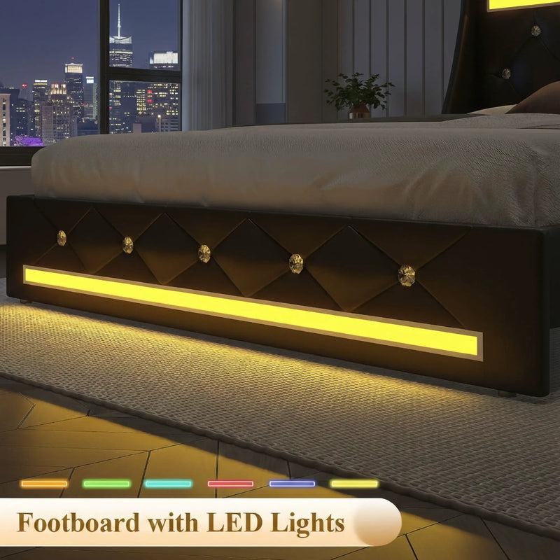 Wingback Upholstered Bed Frame With LED Lights, Charging Station by HouseOfZazla