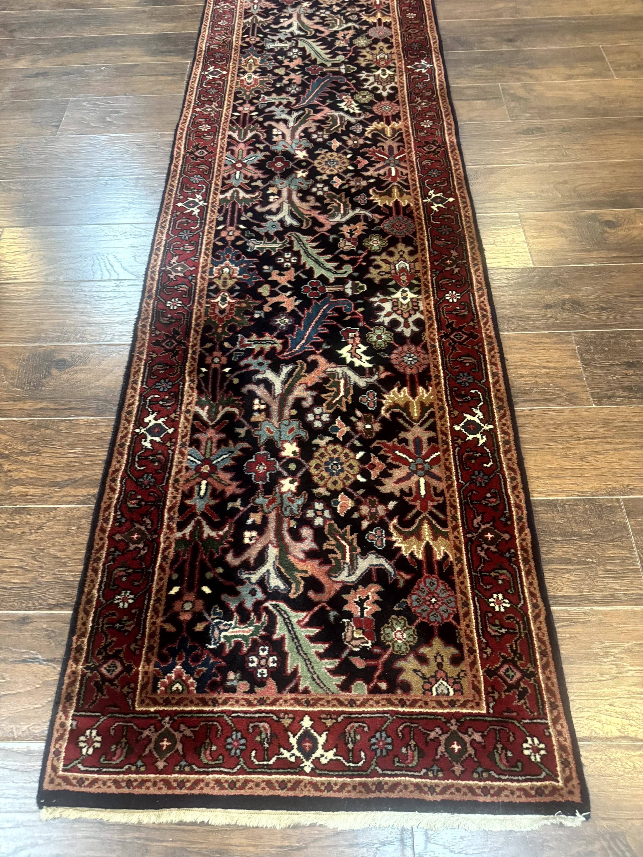 Indo Persian Runner Rug 2.7 x 13, Navy Blue and Red, Allover Floral, Wool, 13ft Runner by Jewel Rugs