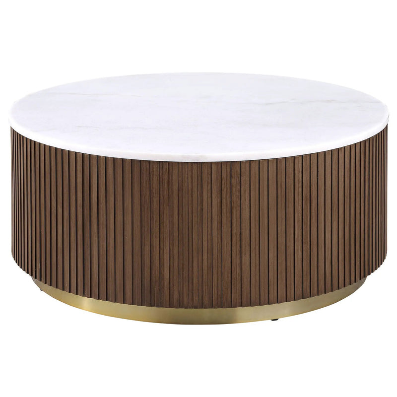 Jason 2-piece Round White Marble Coffee Table Set Honey Brown by Unique Piece Furniture