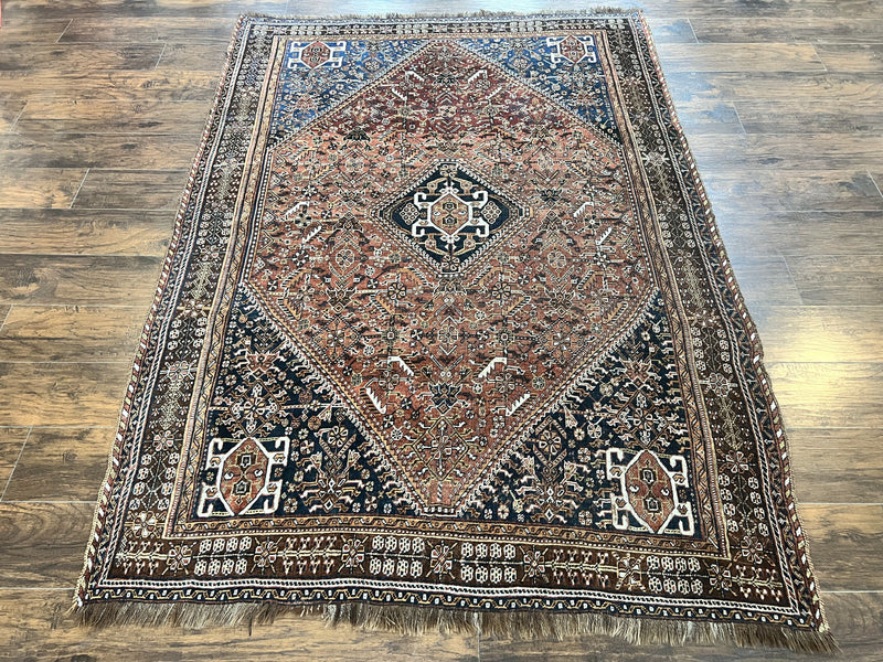 Antique Persian Shiraz Tribal Rug 6x8, Geometric Rug, Wool Handmade Hand Knotted Carpet, Red Blue by Jewel Rugs