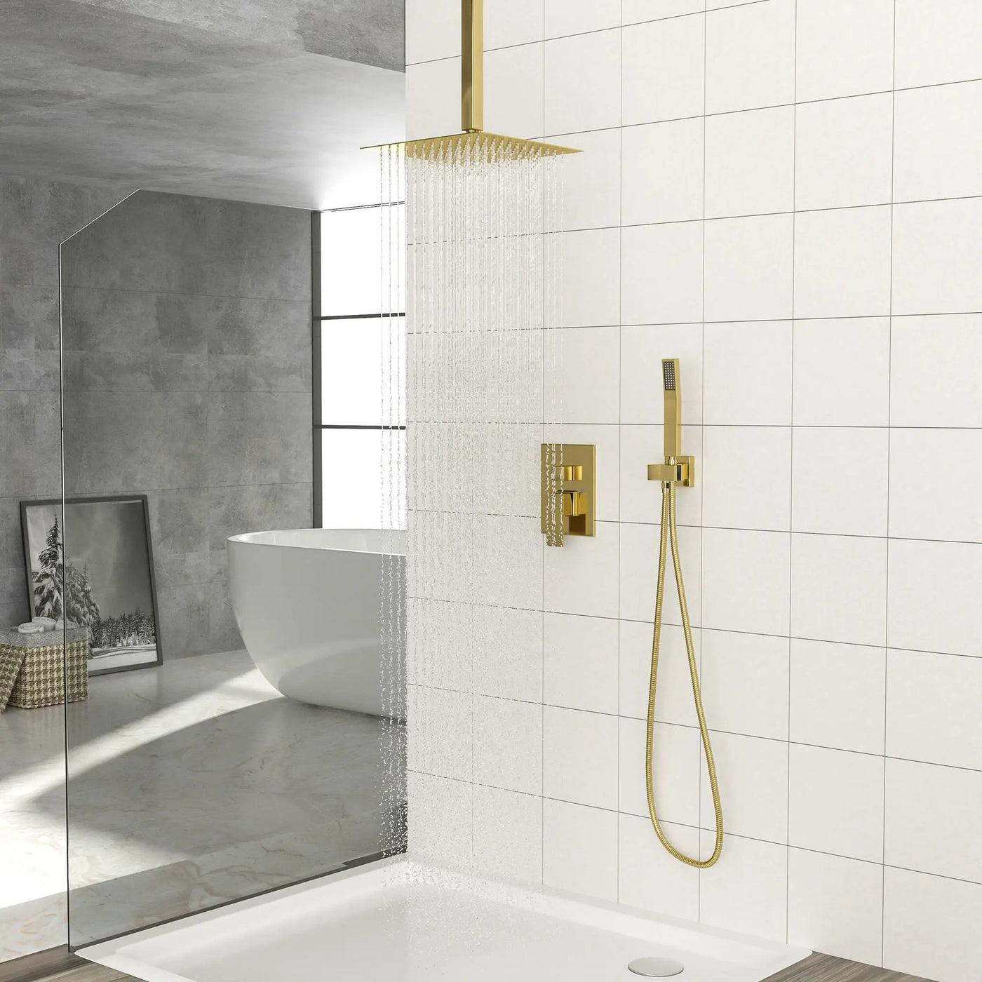 Modern Dual Shower Head System With 16" Ceiling Mount Finish, Stainless Steel And Brass by HouseOfZazla