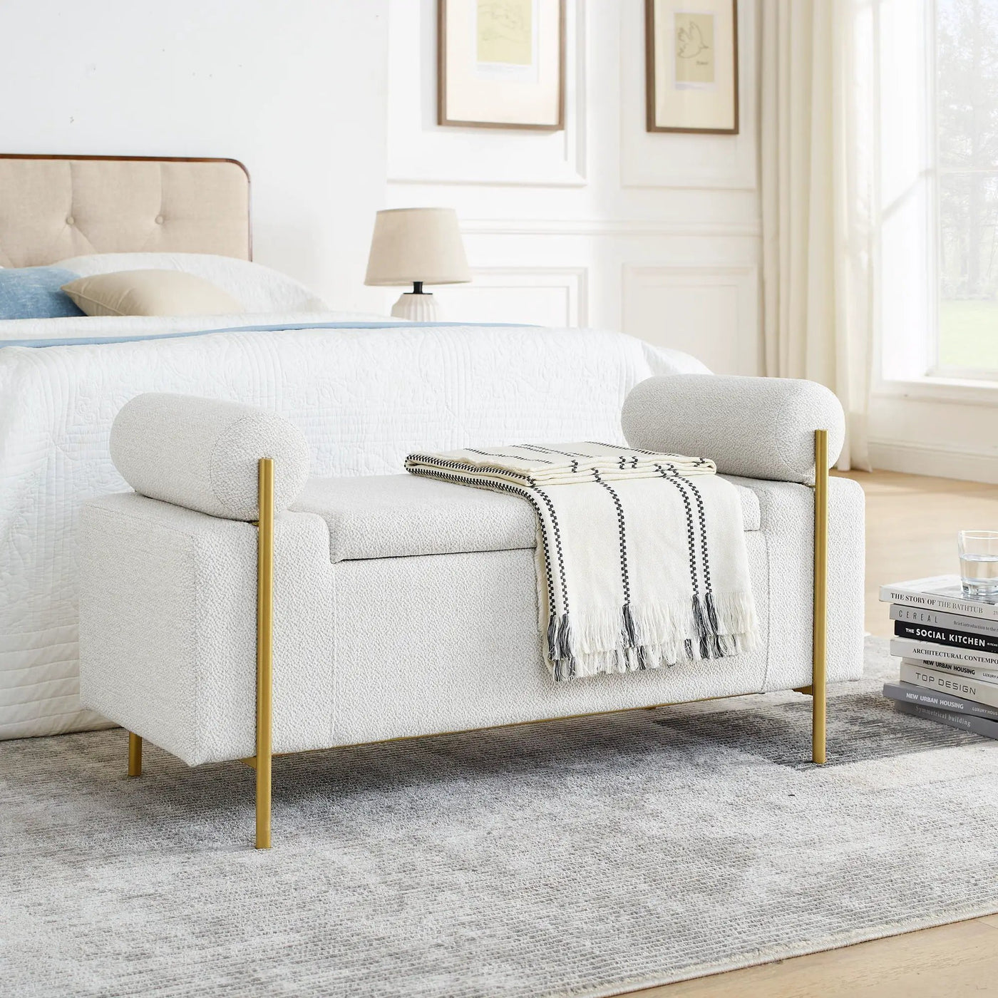 Elegant Upholstered Storage Bench With Cylindrical Arms And Iron Legs, by HouseOfZazla