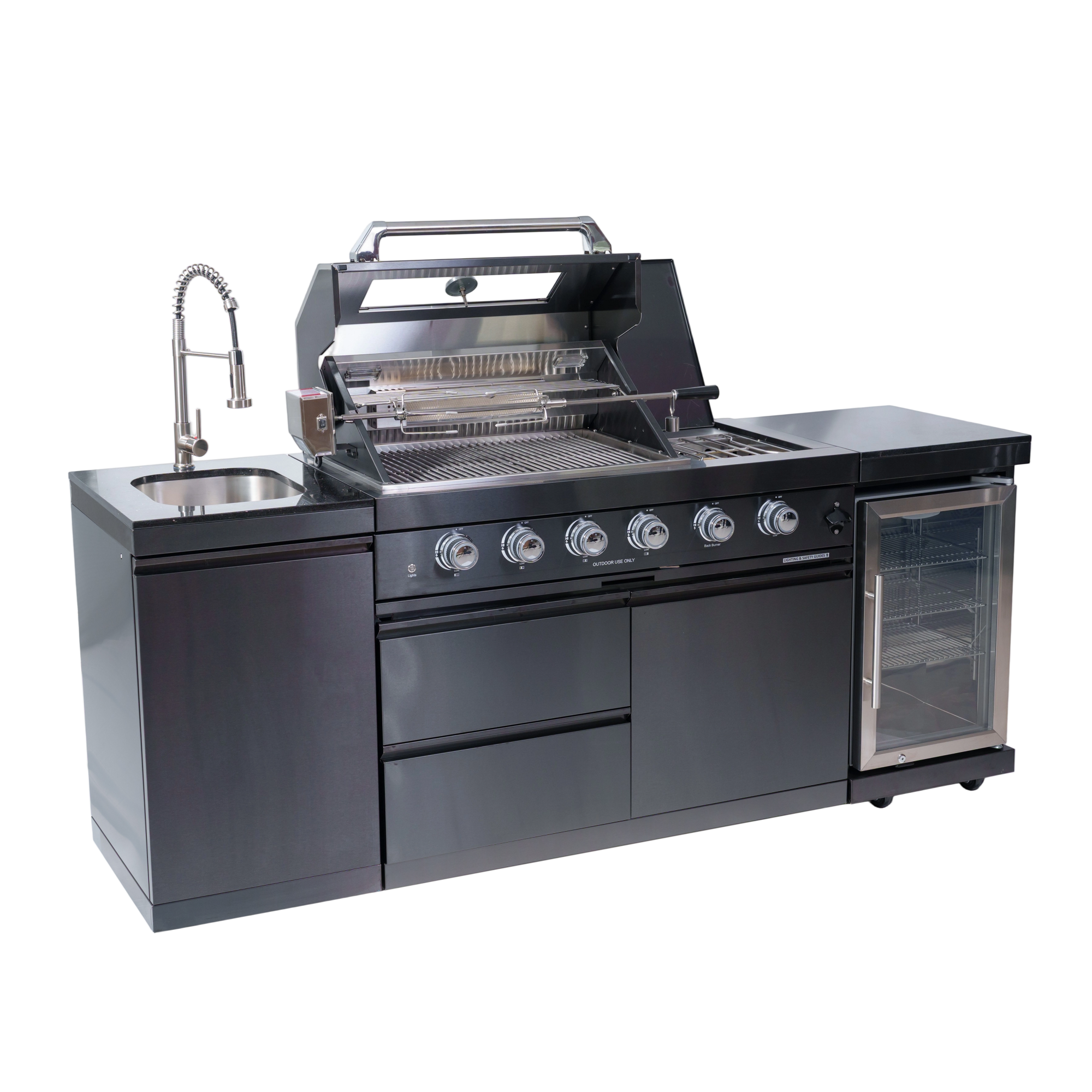 NG 85" 4-Burner 72,000 BTU Black Outdoor Kitchen Island Grill + Refrigerator + Sink by Chery Industrial