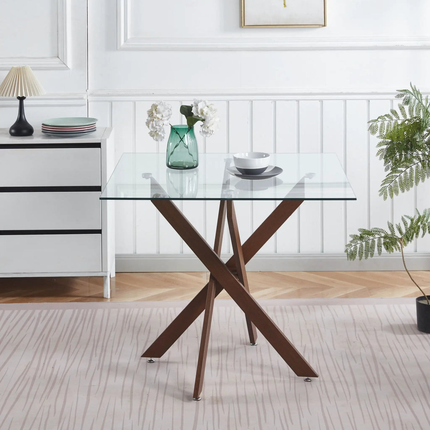 Dining Table With Cross Metal Leg And Tempered Glass, Modern Space Saving Kitchen Table For Living Room Legs, Square Table by HouseOfZazla