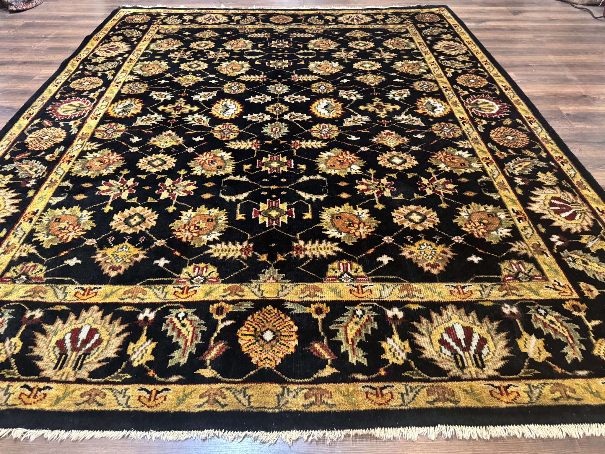 Indo Persian Mahal Rug 8x10, Black and Gold, Wool Hand Knotted Oriental Carpet by Jewel Rugs