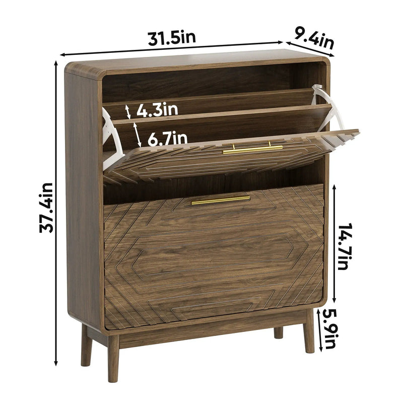 Freestanding Shoe Cabinet With 2 Flip Top Drawers For Entryway - Walnut by Unique Piece Furniture