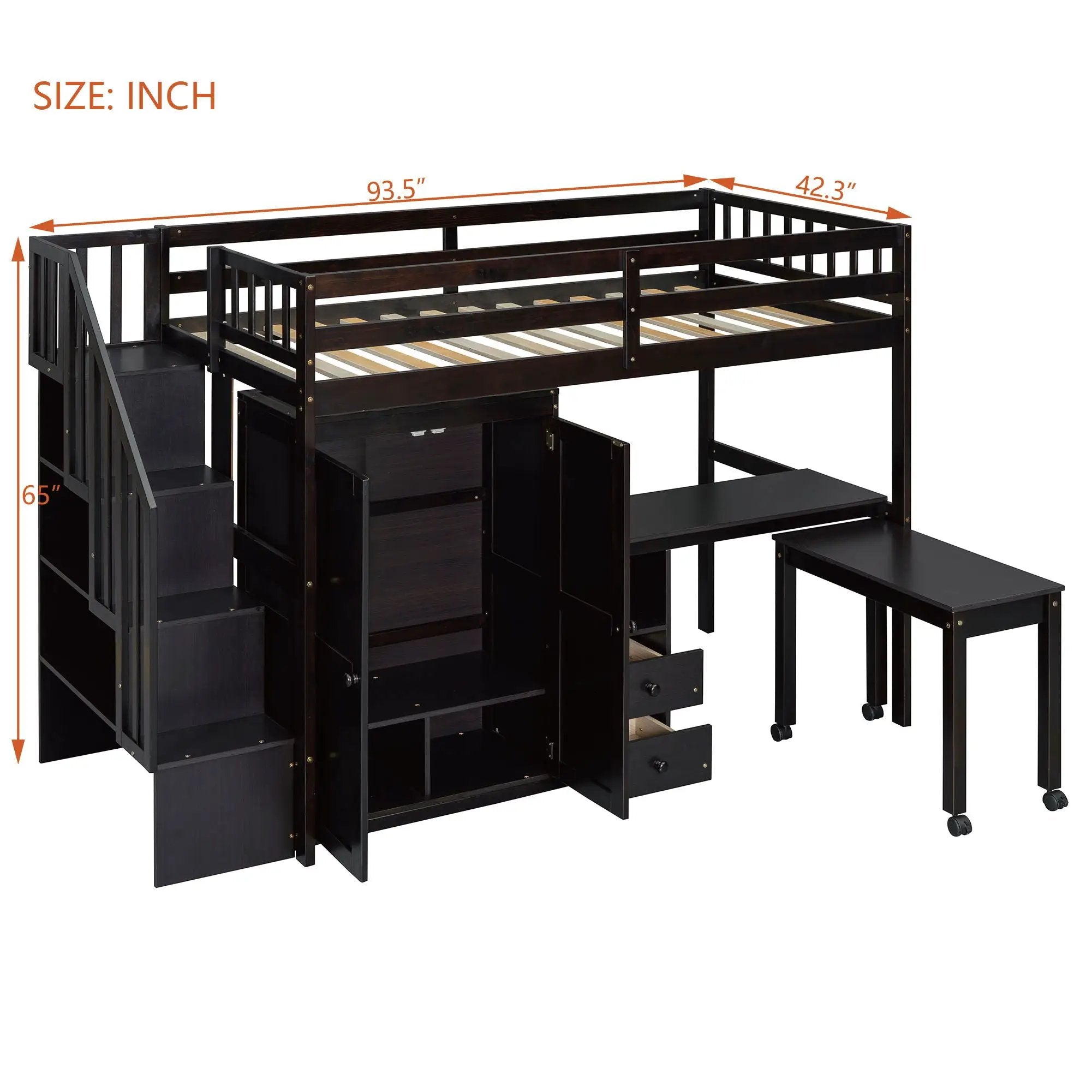 Loft Bed With Stairs, Bookshelf, Drawers, Desk & Wardrobe, Space Saving Multifunctional Furniture by HouseOfZazla