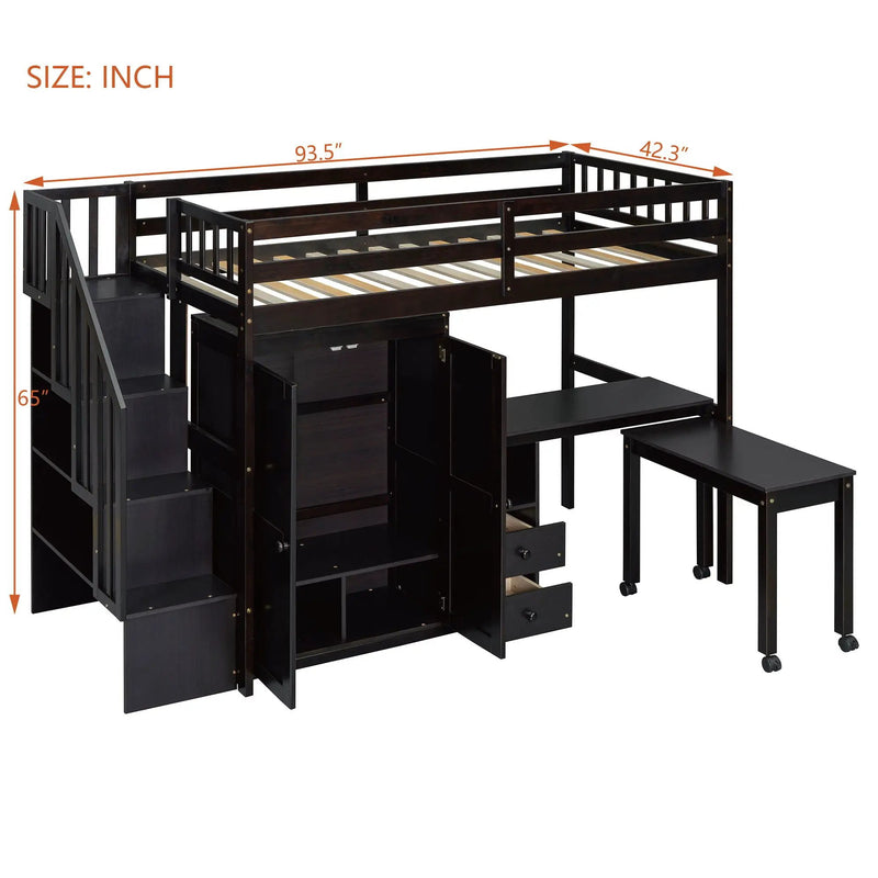 Loft Bed With Stairs, Bookshelf, Drawers, Desk & Wardrobe, Space Saving Multifunctional Furniture by HouseOfZazla