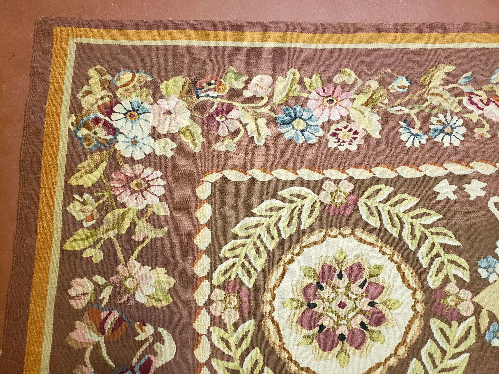 Aubusson Rug 6 x 9 Flat Weave Area Carpet European Design Flowers New Brown Rug Handmade Wool Hand-Knotted Aubusson Weave Medium Rug 6x9 by Jewel Rugs