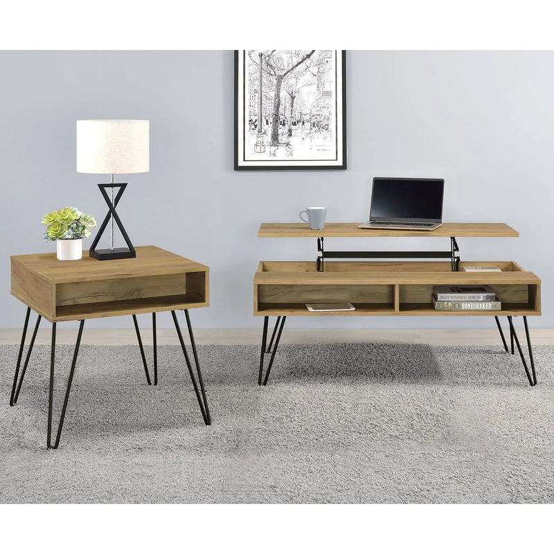 2 Piece Lift Top Coffee And End Table Set With Hairpin Legs - Golden Oak by HouseOfZazla