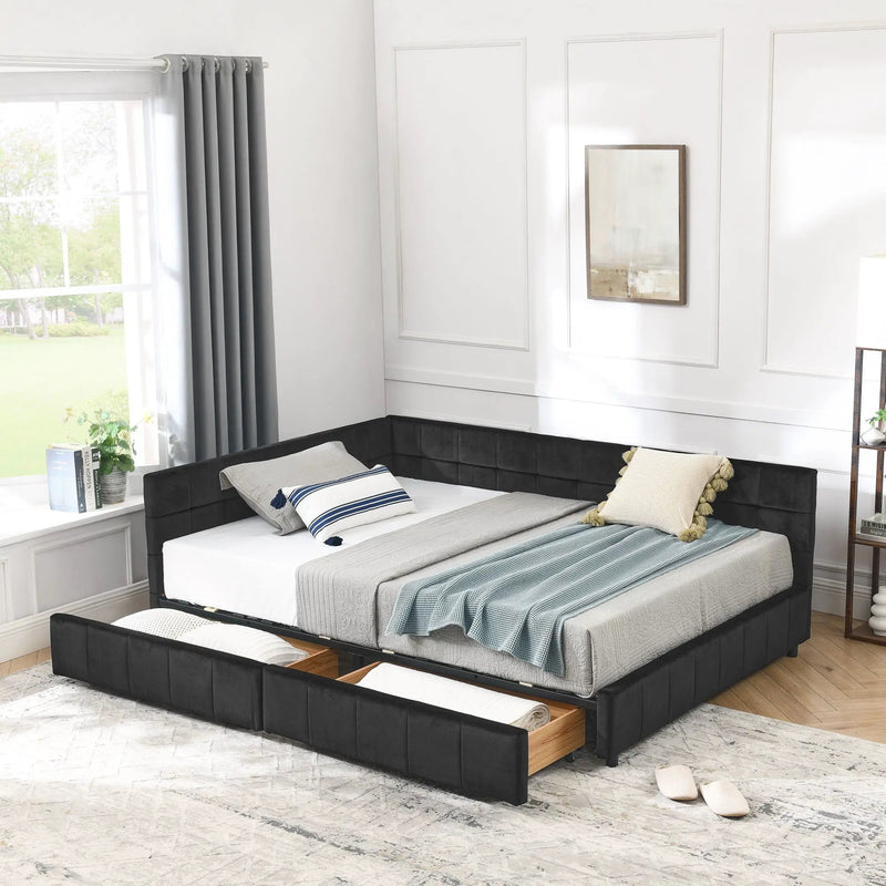 Mid-Century Storage Upholstered Tufted Bed Frame With Backrest And Armrests by Unique Piece Furniture