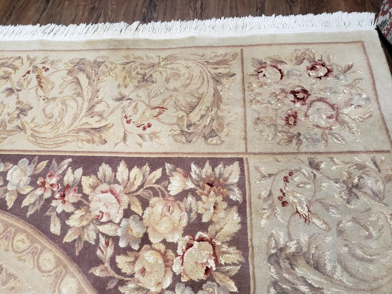 Chinese Aubusson Savonnerie Area Rug 8x12, Vintage 120 Line Carpet, Wool and Silk Hand-Knotted, Birds Flowers Master Weaver Signature by Jewel Rugs