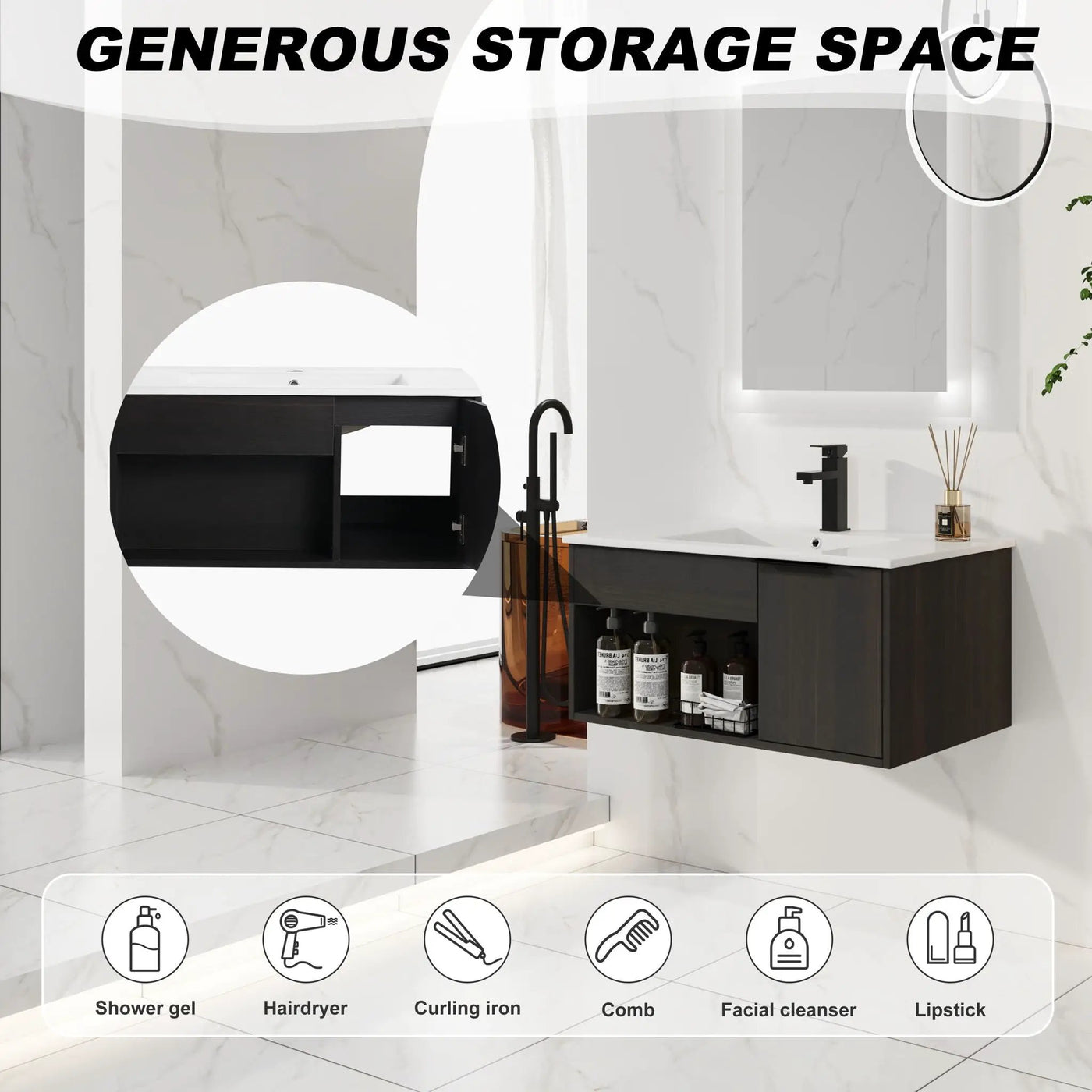 Wall Mounted Floating Bathroom Vanity With Open Shelf & Soft Close Door by HouseOfZazla