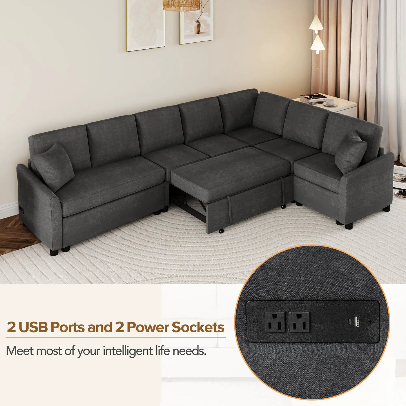 L-Shaped Sofa Convertible Sofa Bed Pull Out Sofa Sleeper With Two Back Pillows, Two USB Ports And Two Power Sockets For Living Room by HouseOfZazla