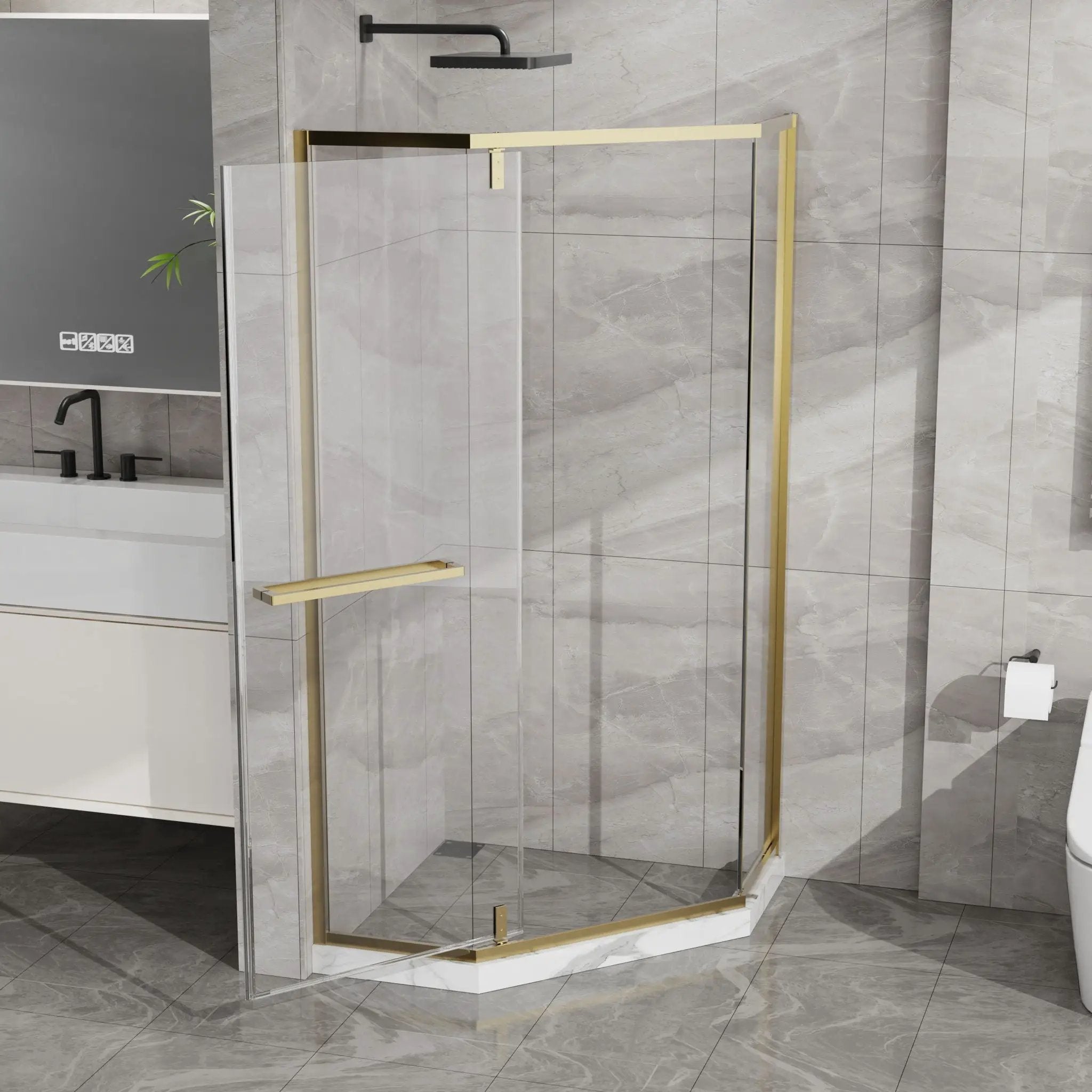Goodyo - Neo-Angle Frameless Shower Door - Gold by HouseOfZazla