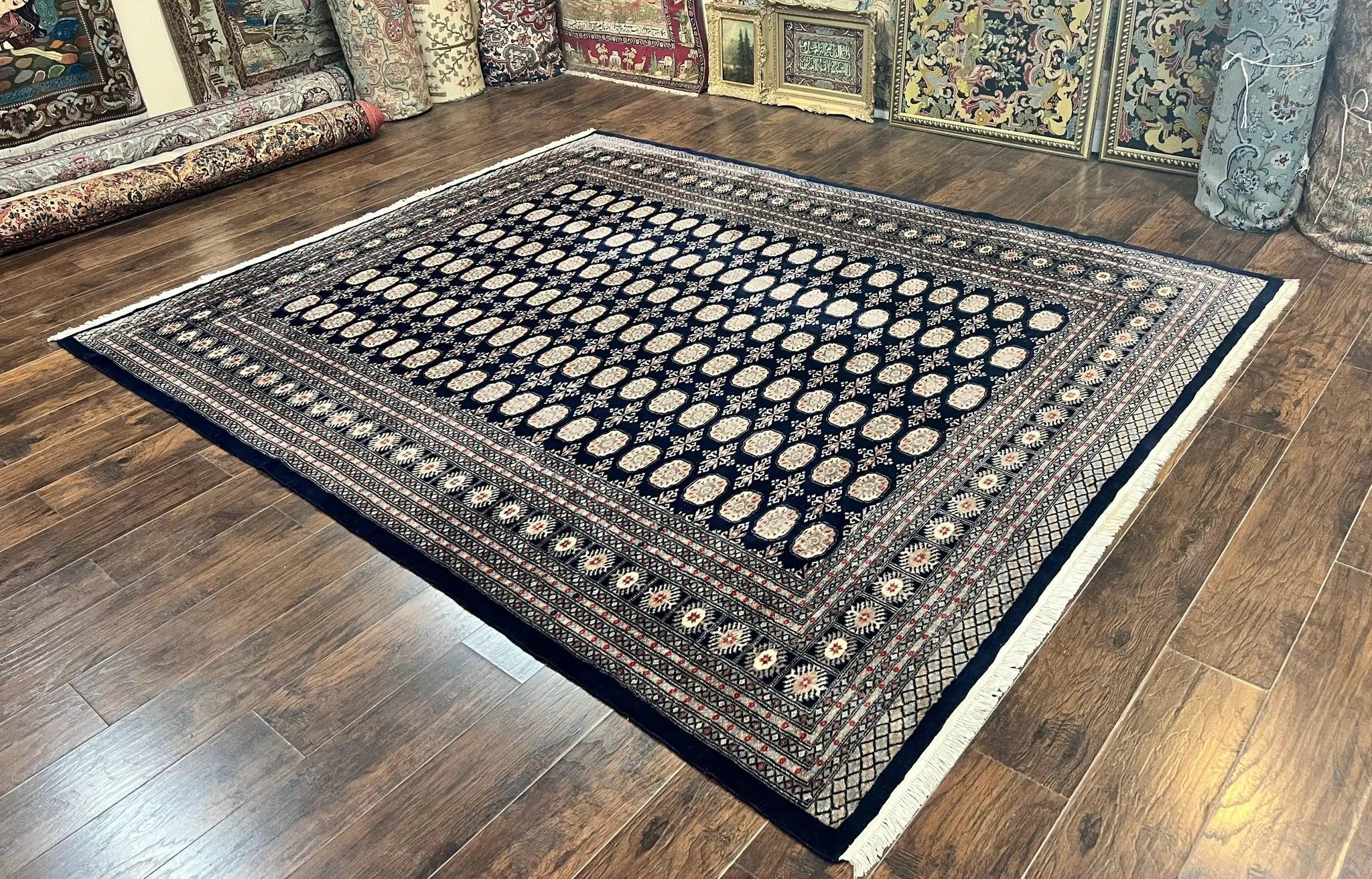 Pakistani Bokhara Rug 8x10, Turkoman Carpet, Dark Blue and Beige, Vintage Handmade Wool Carpet by Jewel Rugs