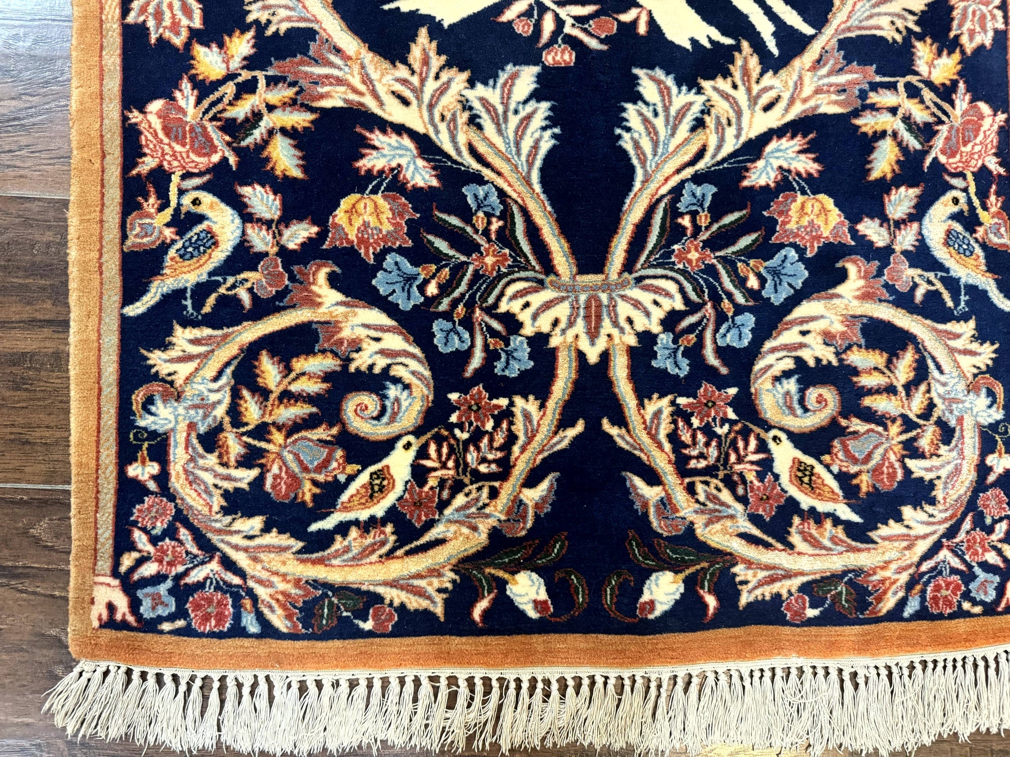 Persian Isfahan Rug 2x4, Birds, Navy Blue, Kork Wool on Silk Foundation, 460 KPSI by Jewel Rugs