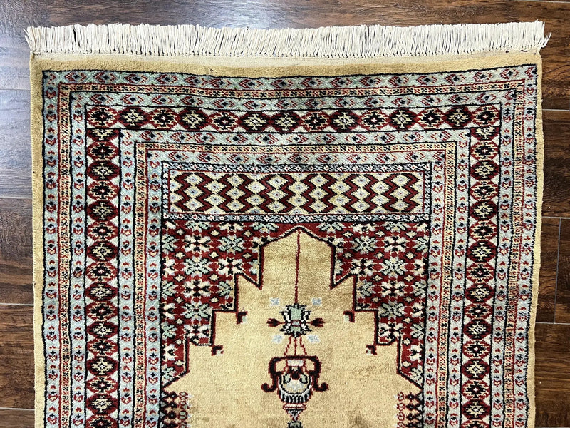 Bokhara Prayer Rug 3x5, Pakistani Turkoman Carpet, Tan, Handmade Vintage Wool Carpet by Jewel Rugs