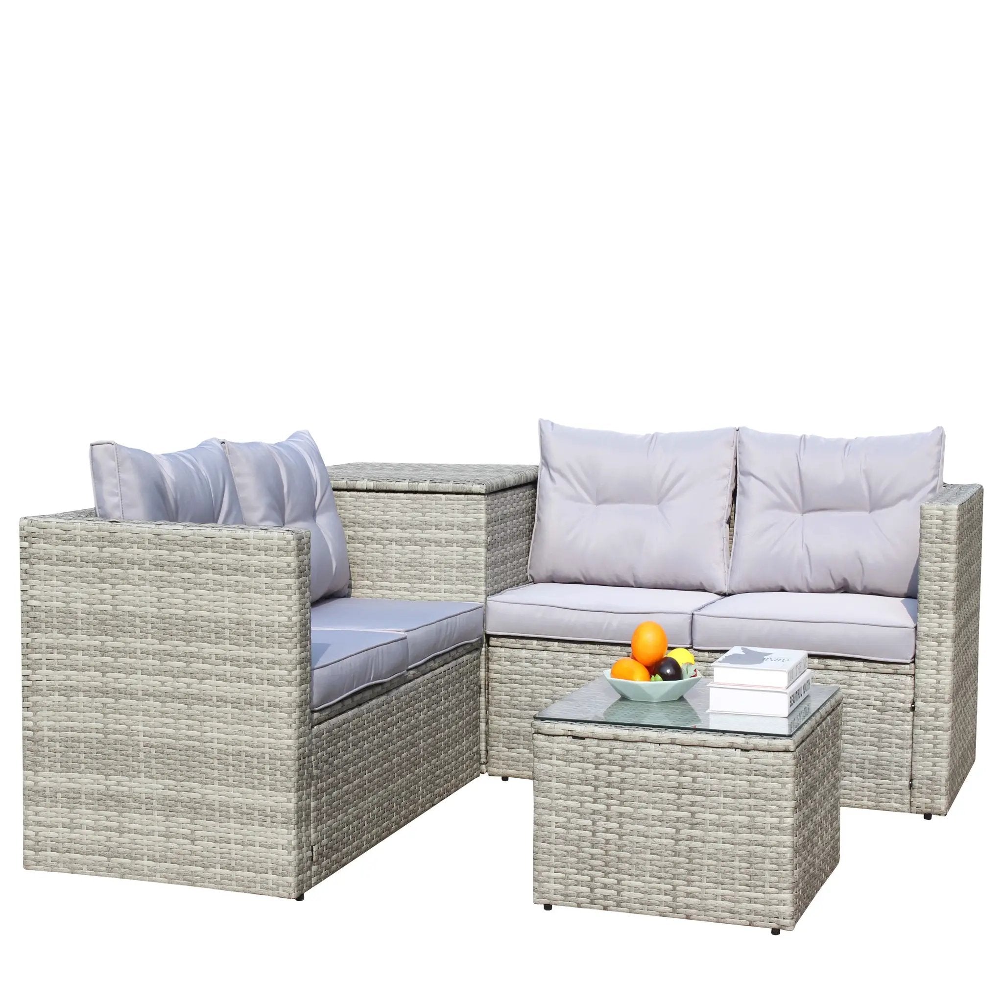 4 Piece Patio Sectional Wicker Rattan Outdoor Furniture Sofa Set with Storage Box Grey by HouseOfZazla