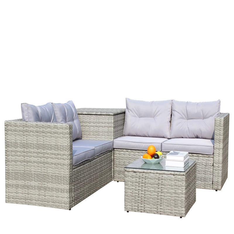 4 Piece Patio Sectional Wicker Rattan Outdoor Furniture Sofa Set with Storage Box Grey by HouseOfZazla