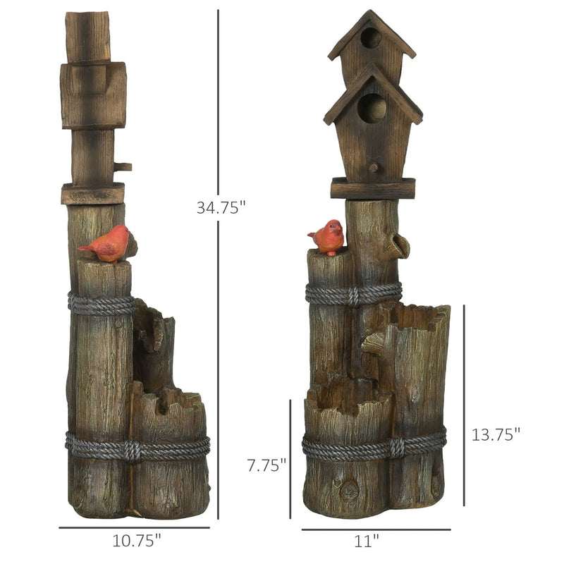 Outsunny - Outdoor Fountain With Birdhouse, Cascading Garden Waterfall Bird Bath With 3 Tier Rustic Tree Trunk / Log Design, LED Lights For Porch, Deck, Yard Decor - Brown by HouseOfZazla