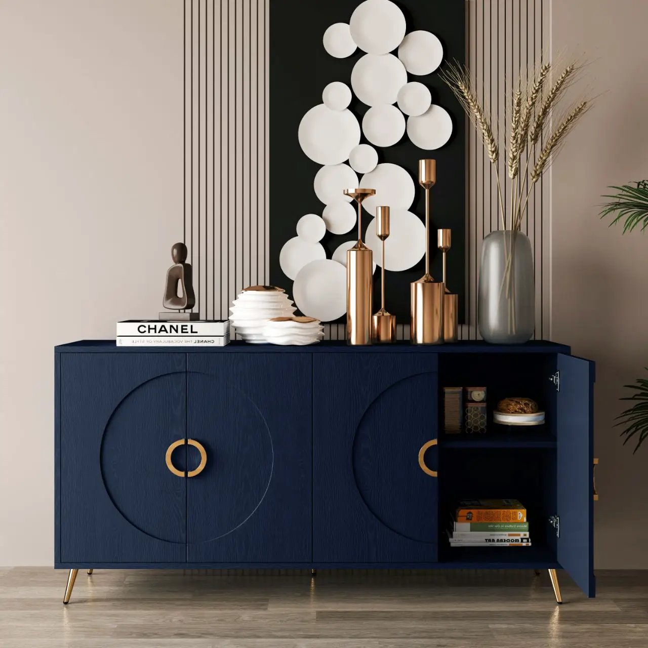 Modern Lacquered 4 Door Wooden Cabinet Sideboard Buffet Server Cabinet Storage Cabinet, For Living Room, Entryway, Hallway, Office, Kitchen And Dining Room by HouseOfZazla