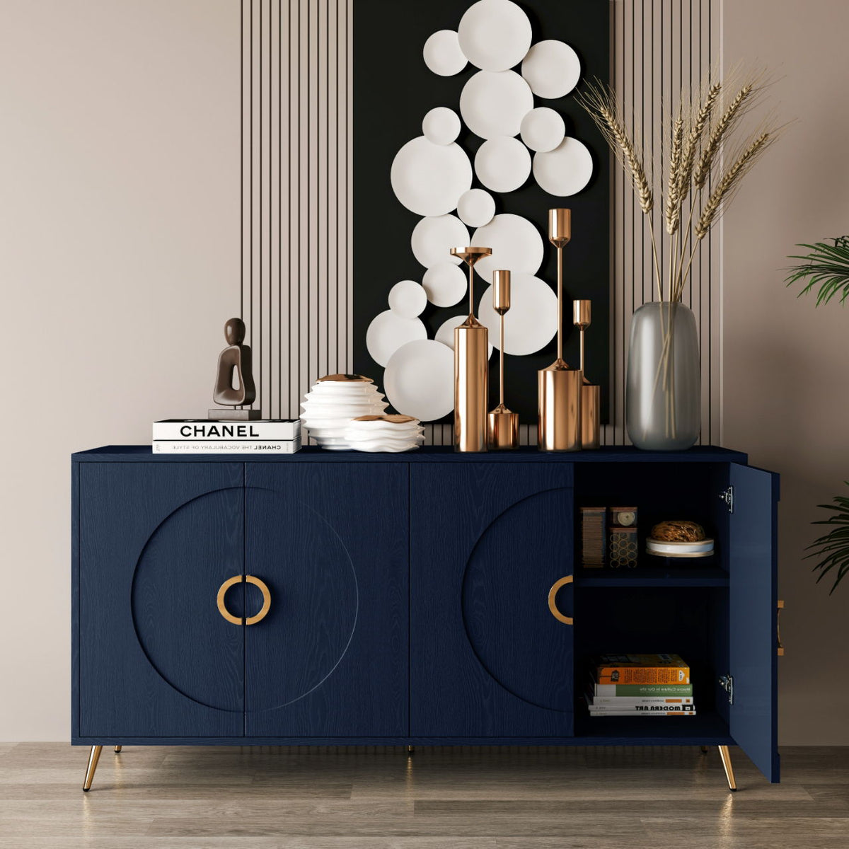 Modern Lacquered 4 Door Wooden Sideboard with Adjustable Shelves - Pearl Silver, Blue, Black, photo 11 of 12