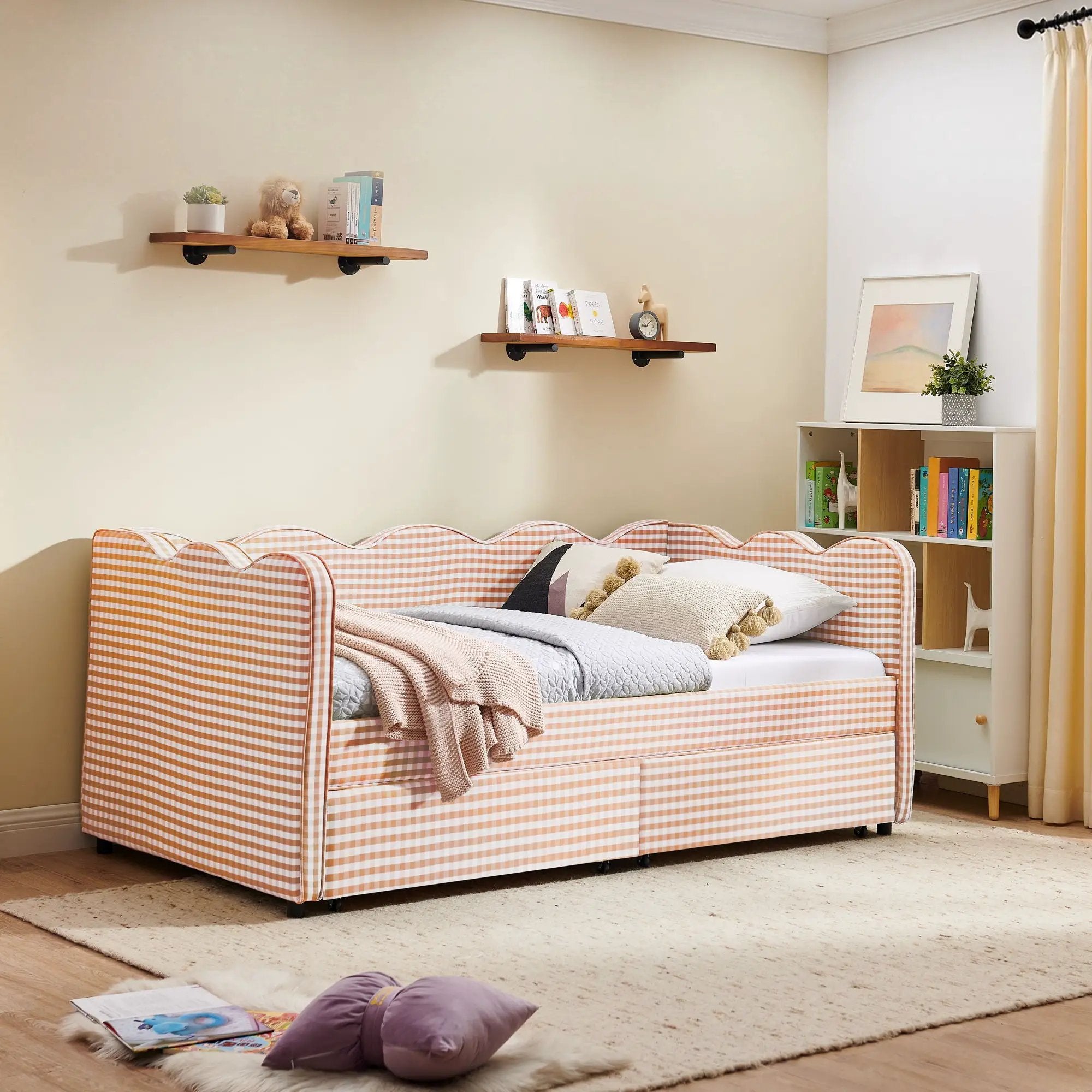 Gingham Daybed With USB Charging Port, Wave-Shaped Design by Unique Piece Furniture