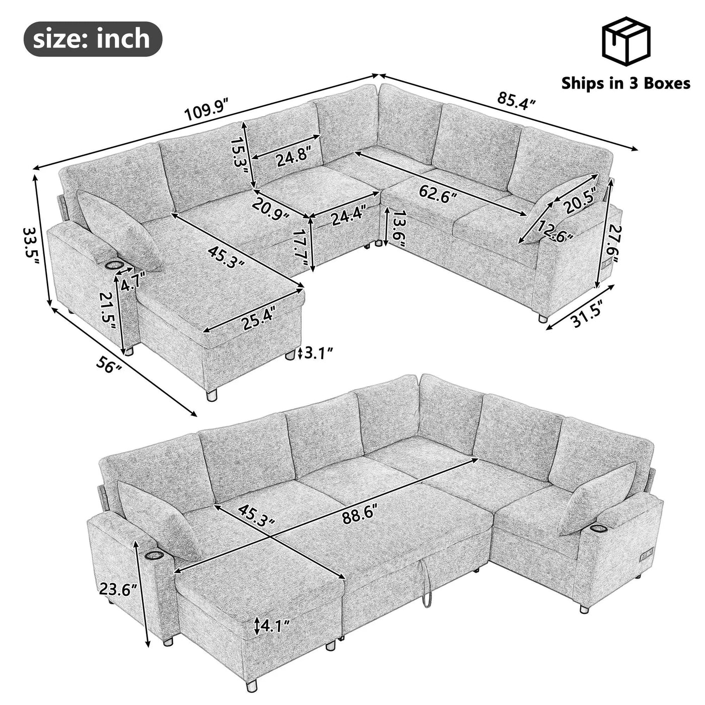 U-Shaped Sectional Sleeper Sofa With Ample Storage Space, 2 Cup Holders And Charging Ports For Living Room by Unique Piece Furniture