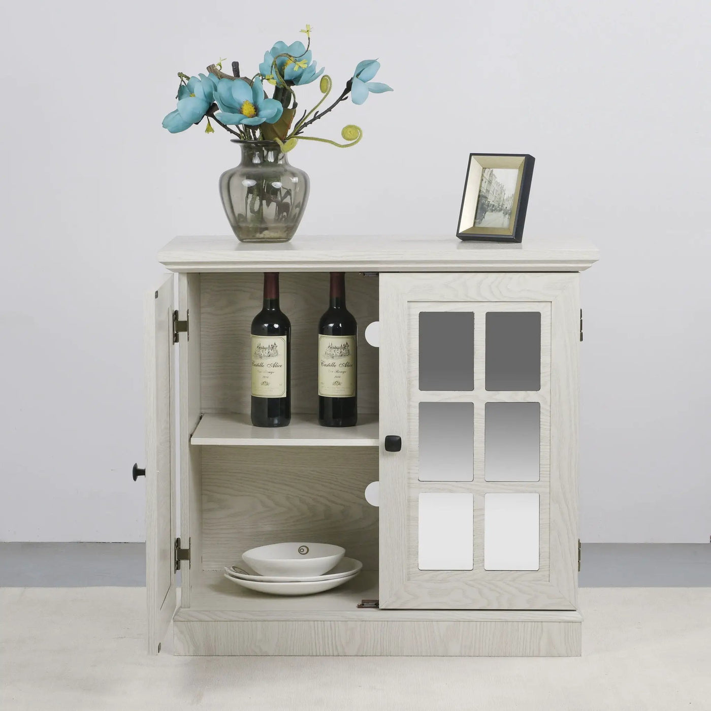 Sideboard Cabinet With Mirrored Doors, Adjustable Shelf, Metal Handles by HouseOfZazla