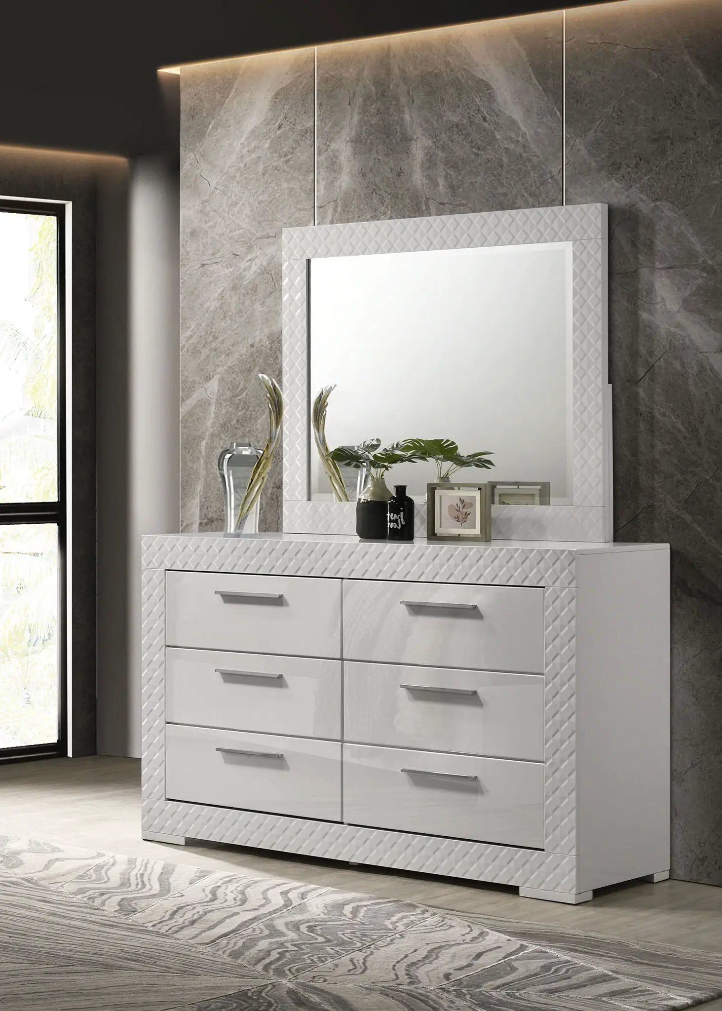 Ives 6-drawer Dresser and Mirror White High Gloss by Unique Piece Furniture