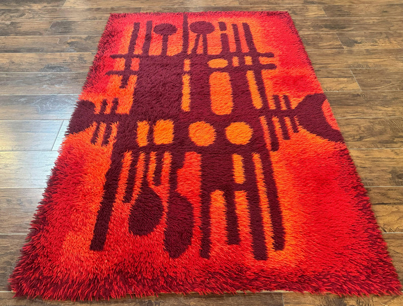 Danish Rya Shag Rug 4x6, Red Vintage Mid Century Retro Abstract Shag Rug by Jewel Rugs