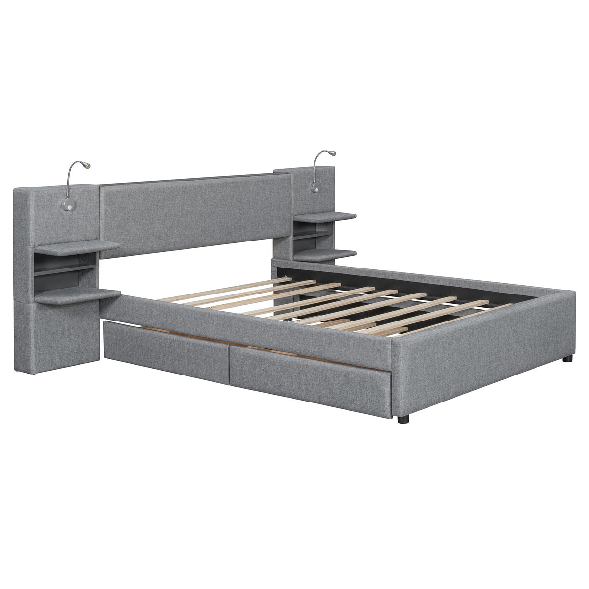 Upholstered Platform Bed With Reading Lights, Drawers, Trundle And Shelves, photo 12 of 14