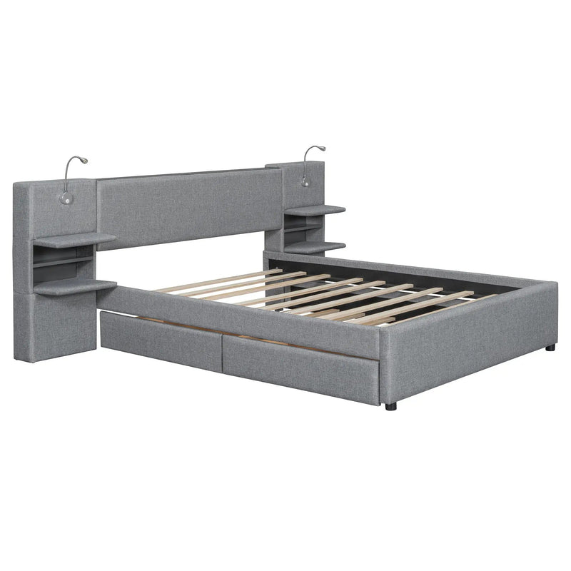 Upholstered Platform Bed With Reading Lights, Drawers, Trundle And Shelves by HouseOfZazla