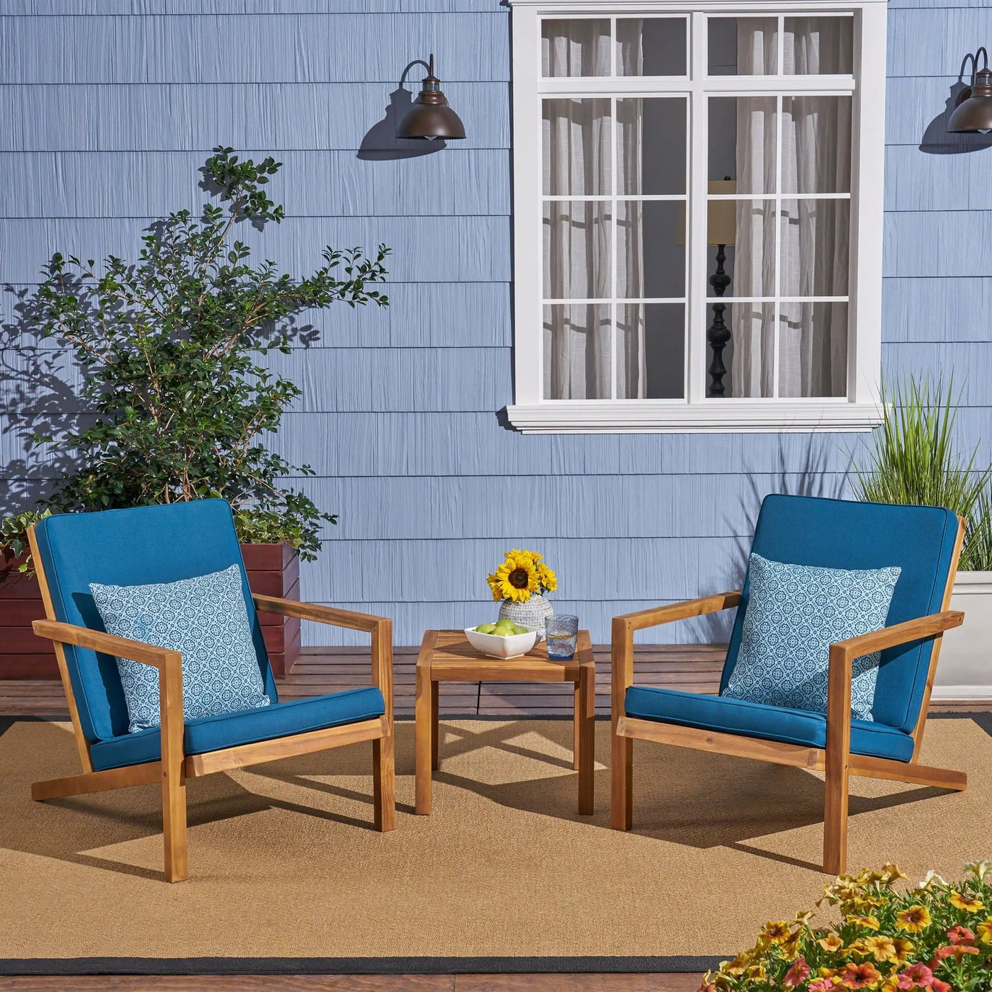Celestaria 3-Piece Outdoor Chat Set with Adirondack Chairs, Cushions and Side Table by HouseOfZazla