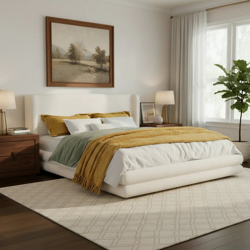 King Size Upholstered Bed Frame With Boucle Thick Wingback Headboard by HouseOfZazla