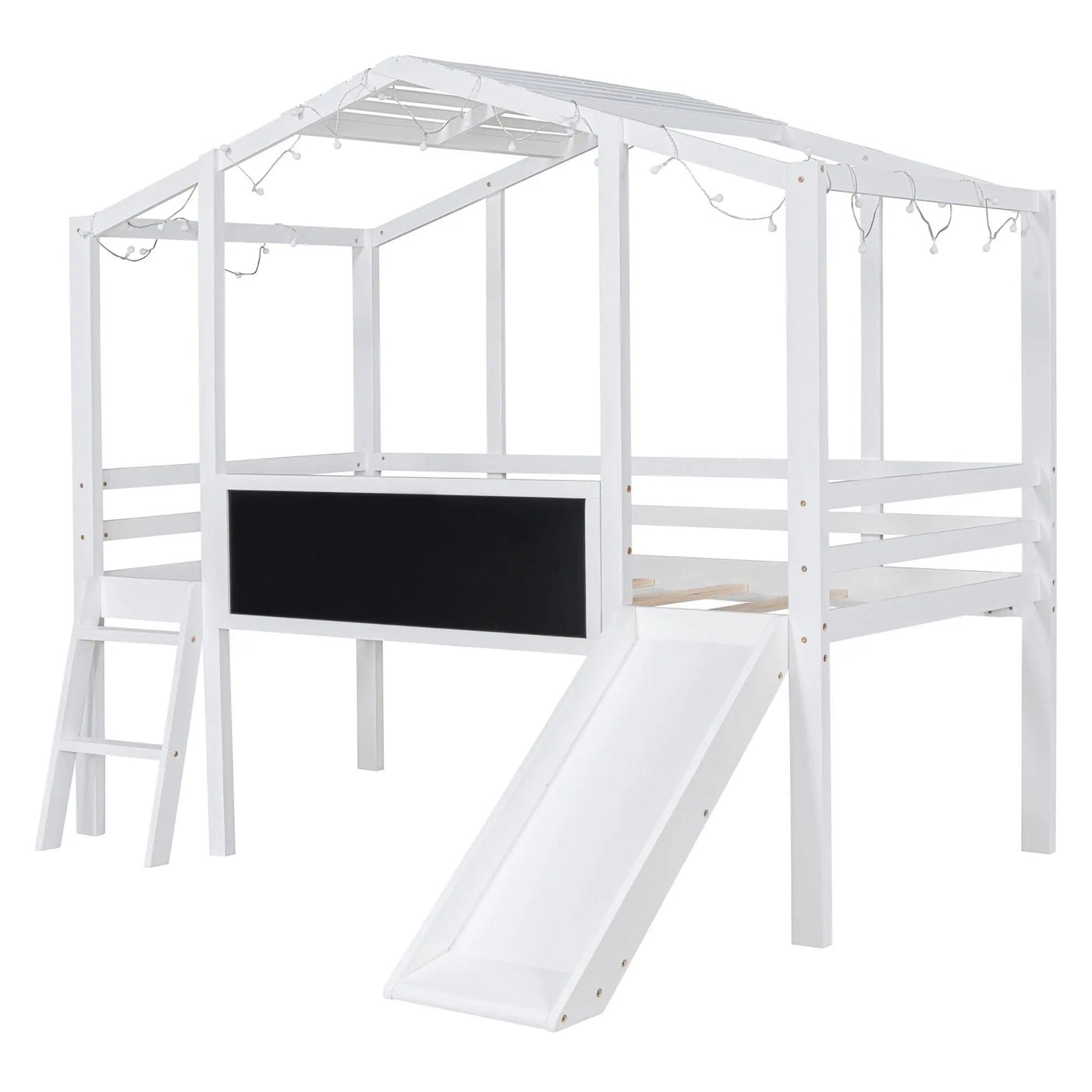 Loft House Bed With Ladder And Slide, With board And Light Strip On The Roof by Unique Piece Furniture