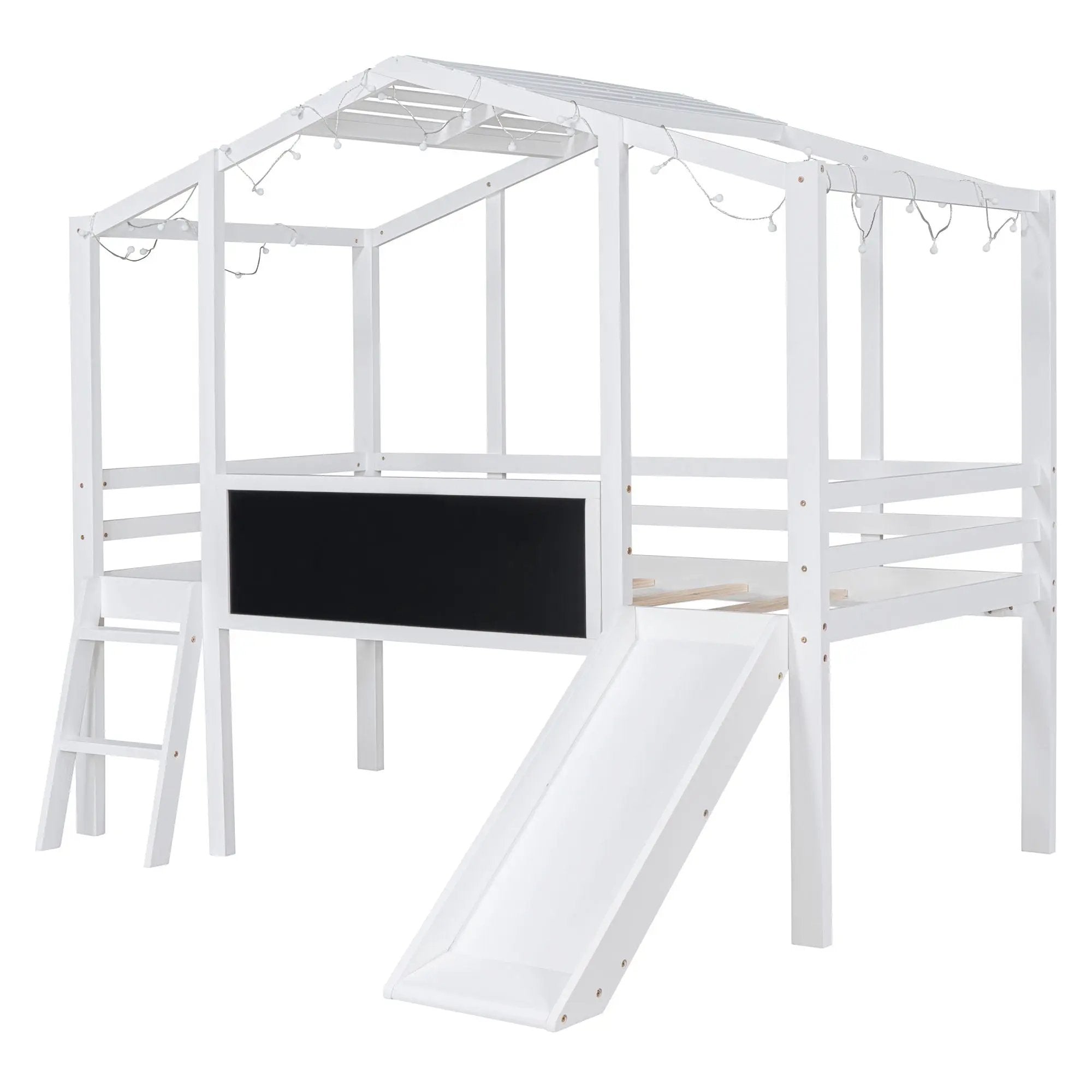 Loft House Bed With Ladder And Slide, With board And Light Strip On The Roof by Unique Piece Furniture