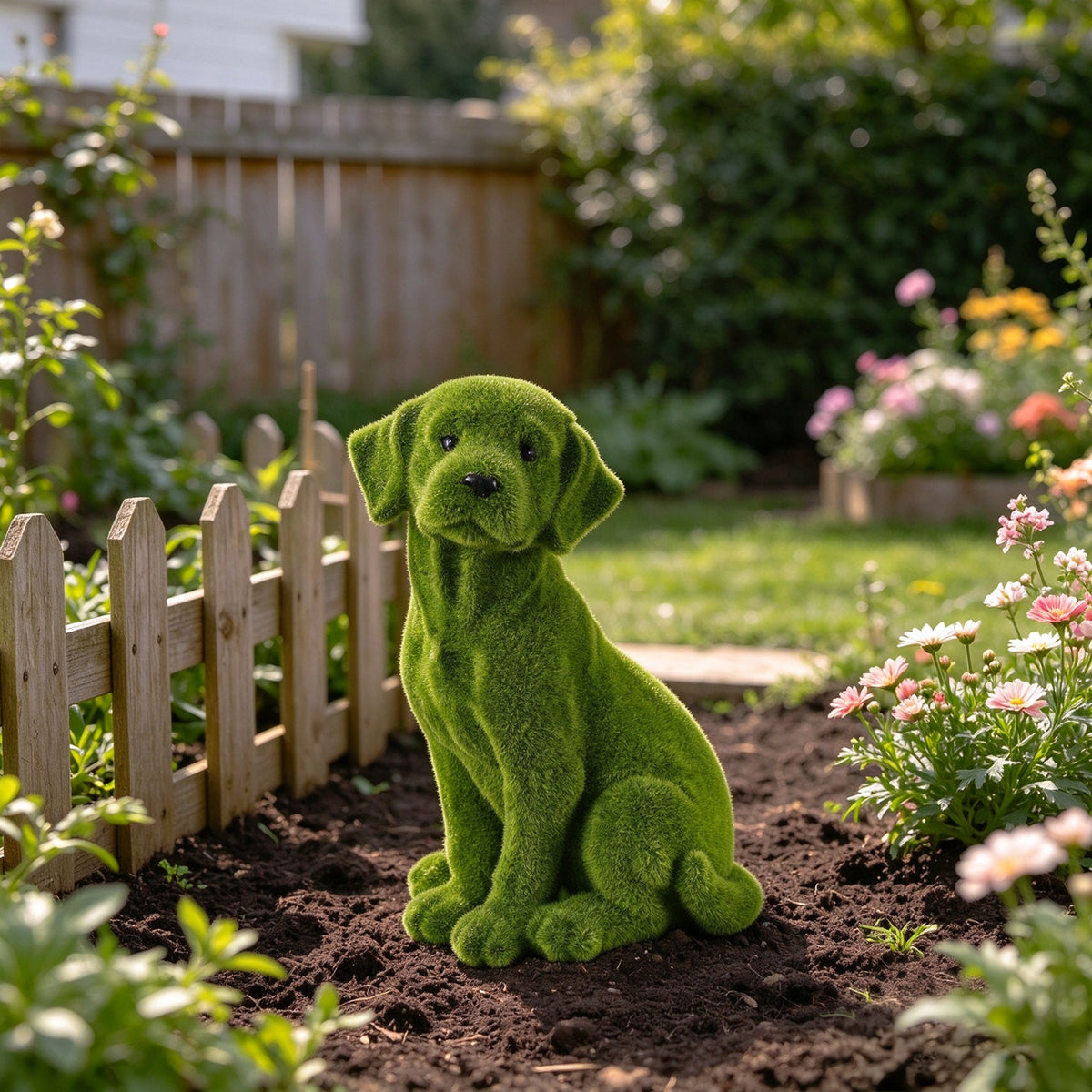 Flocked Dog Garden Statue with Weather Resistance - Green