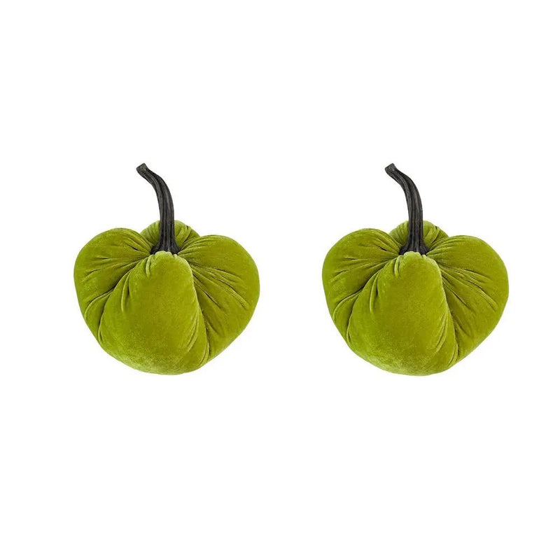 Velvet Weighted Pumpkin With Resin Stem Apple, Pumpkin Ornament Decor For Holiday Harvest Festival Fall Festival & Thanksgiving (Set of 2) - Green by HouseOfZazla