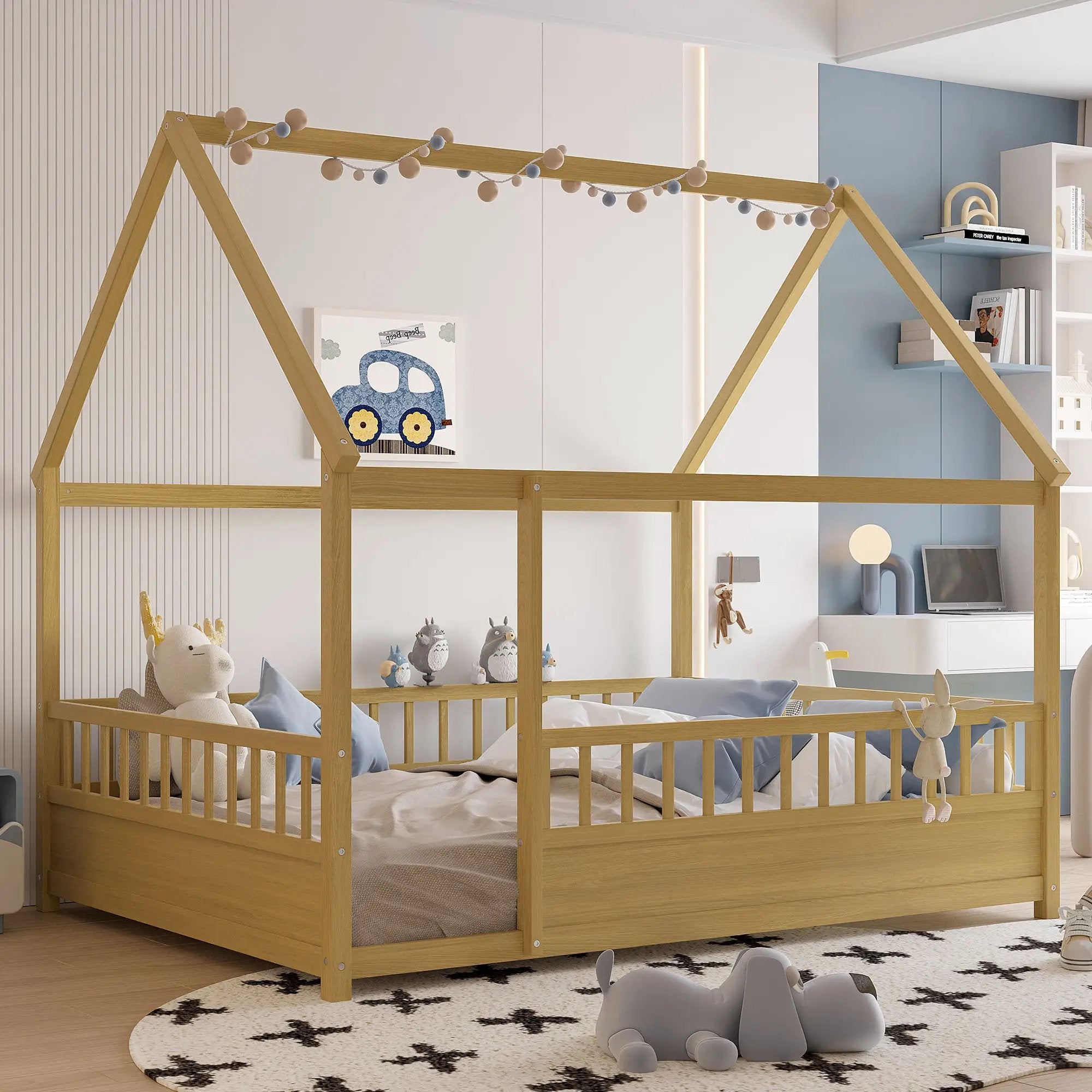Full Size Wooden Bed with House Roof Frame by HouseOfZazla