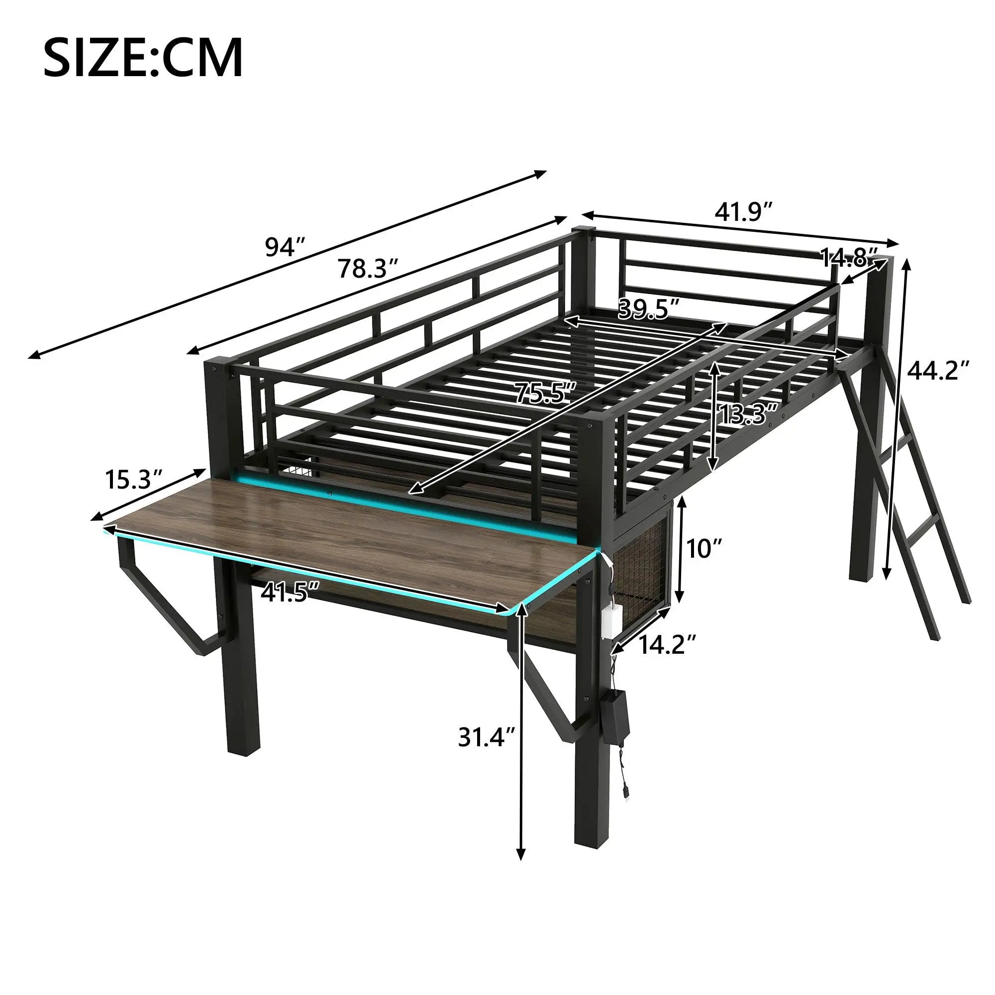 Gaming - Twin Loft Bed With Desk And LED - Black by HouseOfZazla