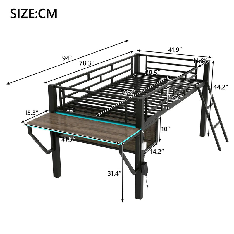 Gaming - Twin Loft Bed With Desk And LED - Black by HouseOfZazla